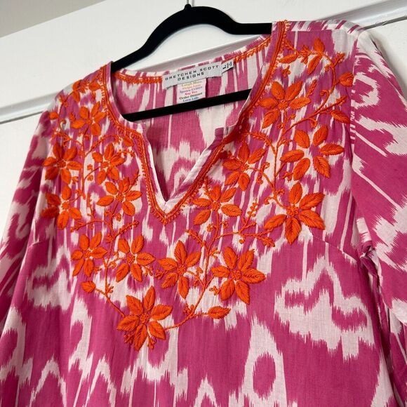 Gretchen Scott Batik Print Tunic Top Dress Pink Orange Embroidered Size Large - Picture 4 of 8